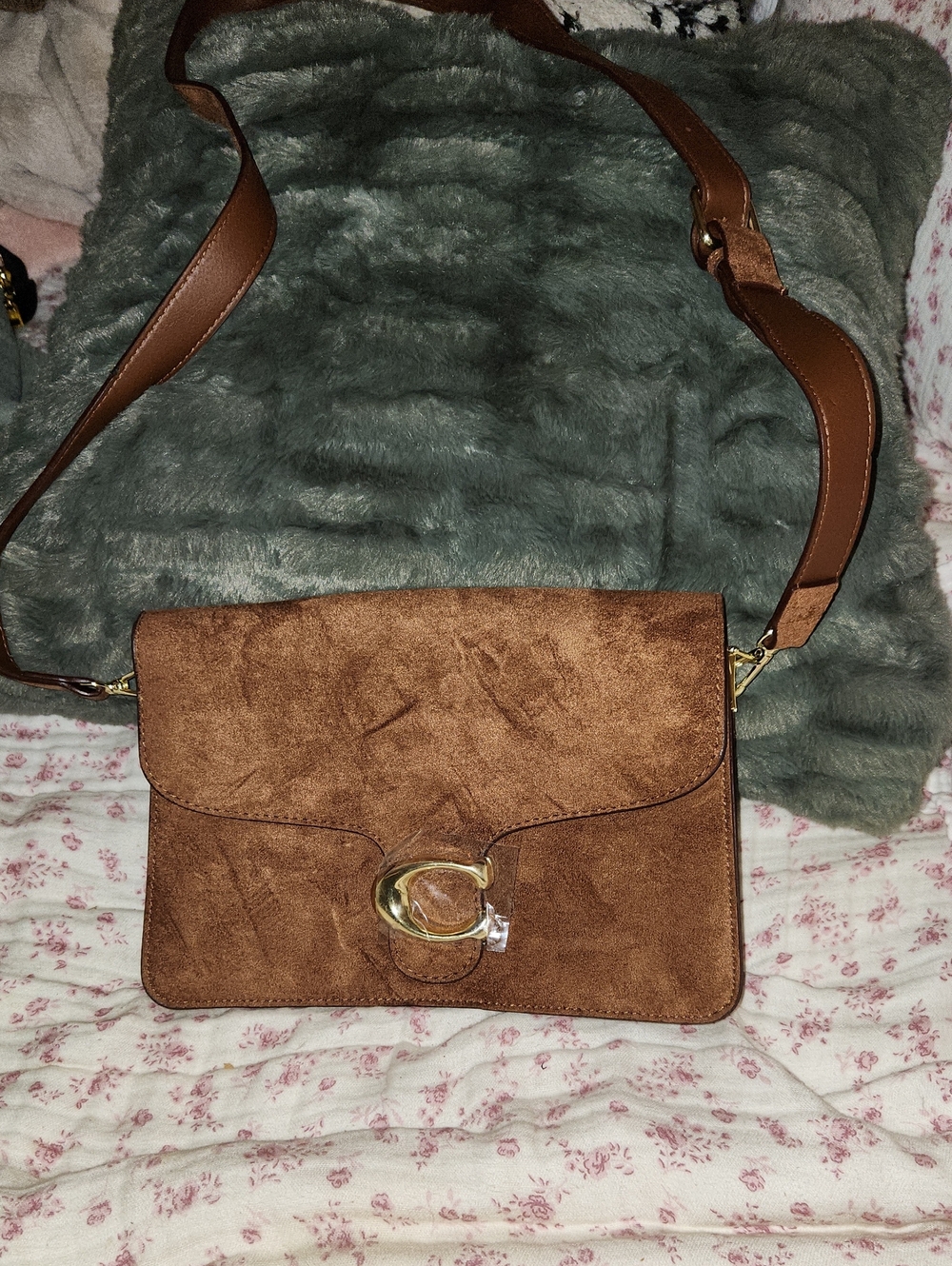 Classic Brown Suede Crossbody Bag with Gold Hardware